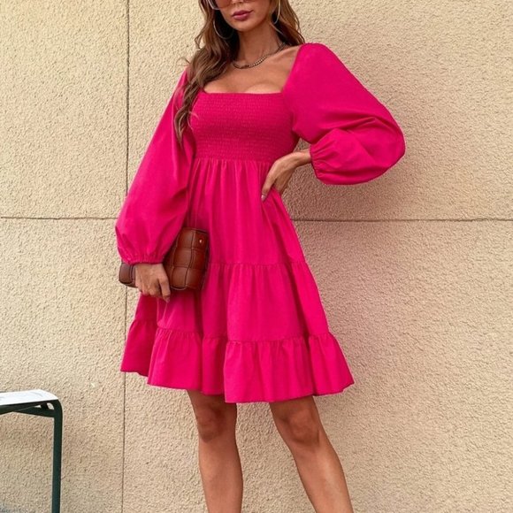 HOT PINK Shirred Lantern Sleeve Ruffle Hem Dress - Picture 4 of 5